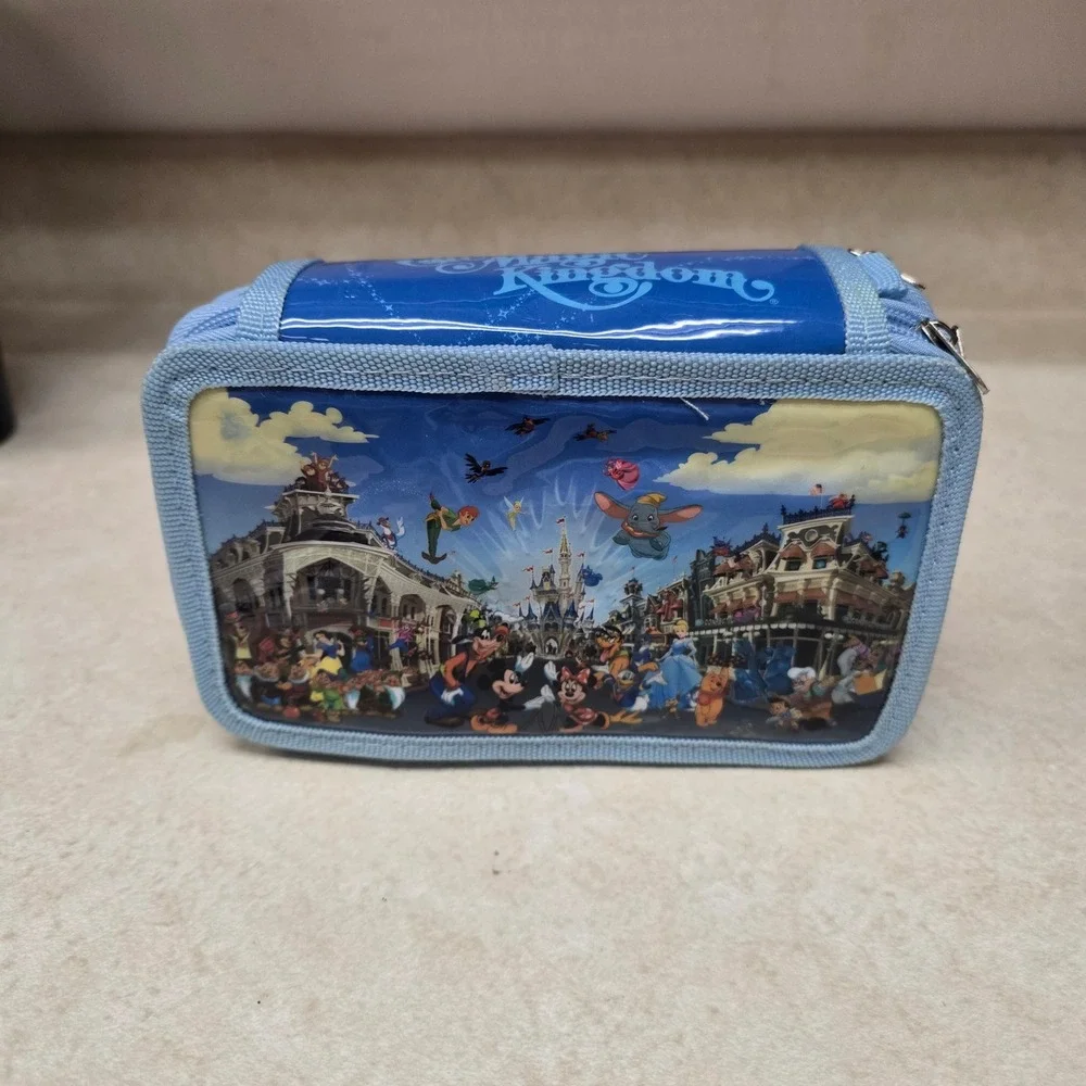 Disney World Magic Kingdom Pencil Case Vintage Blue Multi Zip Character Art Bag